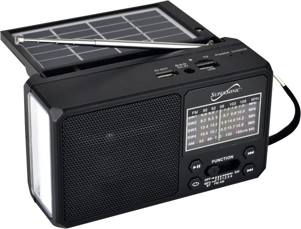 Supersonic SC-1180BT SolarWave Solar Emergency Radio w/Bluetooth 6.0, AM/FM/SW1-4, Solar+USB-C Rechargeable Battery, LED Flashlight, Micro SD/USB, 360° Antenna, Portable Speaker (BLACK)