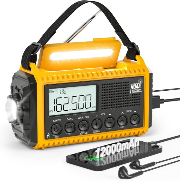 Eoxsmile Emergency Radio w/Hand Crank, Solar, 12000mAh Battery – YELLOW